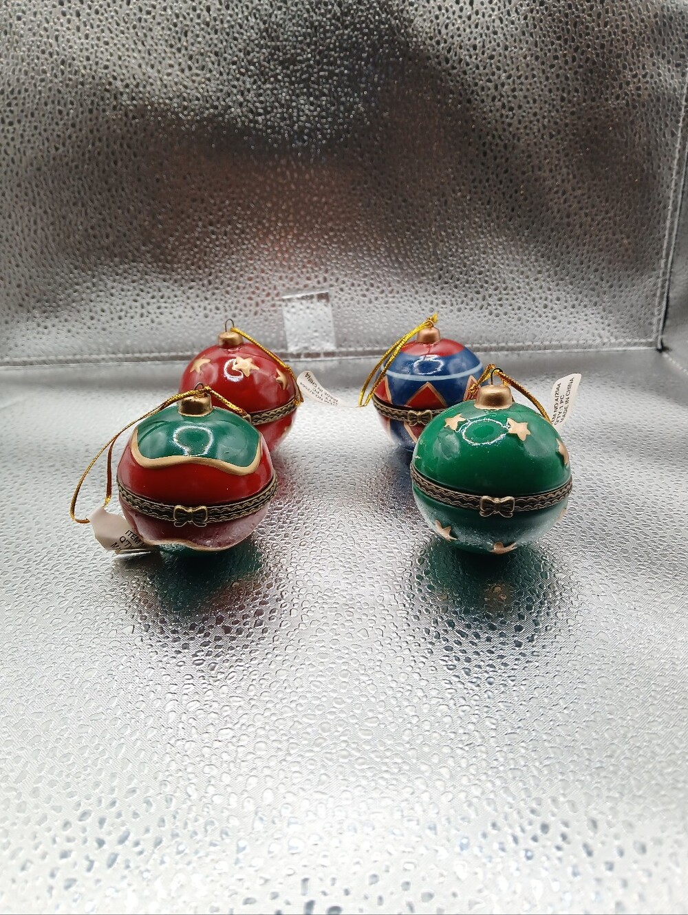 Porcelain Decorative Holiday Ornament Set - Green, Red, Blue Hinged Trinket